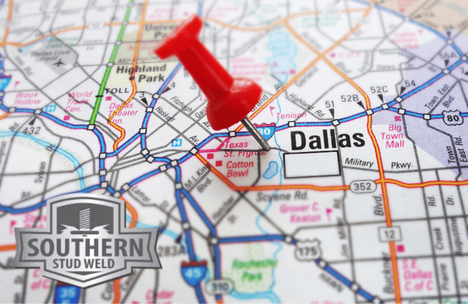 Map highlighting Dallas, Texas with a red location pin and Southern Stud Weld logo in the corner.