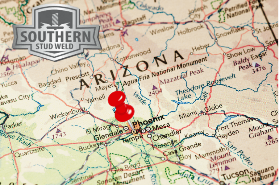 Southern Stud Weld logo over a map of Arizona with a red pin marking Phoenix and surrounding cities like Mesa, Tempe, and Glendale.