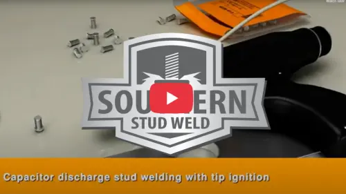 Thumbnail image linking to the Southern Stud Weld video library, featuring the company logo over a capacitor discharge stud welding setup with the caption “Capacitor discharge stud welding with tip ignition.”