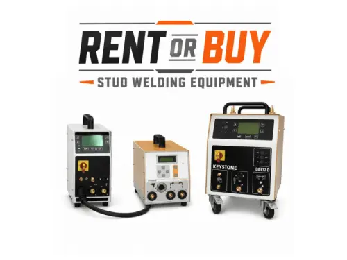 Rent or buy stud welding equipment graphic featuring three industrial stud welding systems with Southern Stud Weld themed typography.