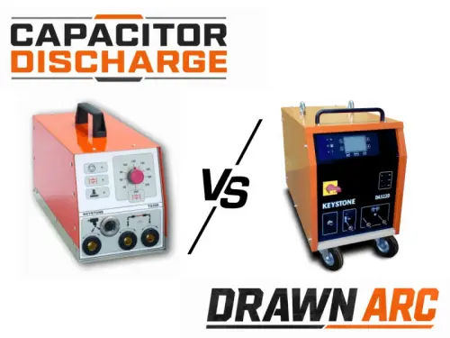 Comparison graphic showing capacitor discharge and drawn arc stud welding equipment side by side with industrial-style word marks.