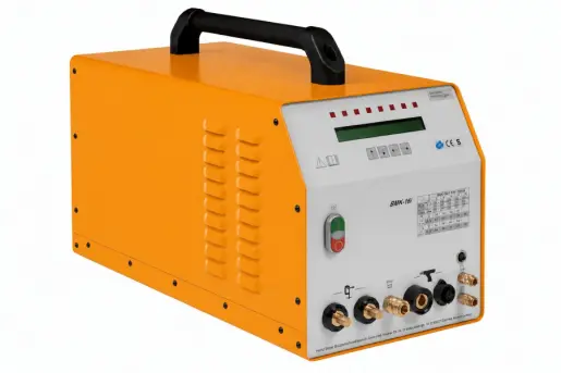 BMK-16i stud welder with orange housing, front control panel, handle, and cable connection ports.