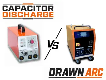 Comparison graphic showing capacitor discharge and drawn arc stud welding equipment side by side with industrial-style word marks.